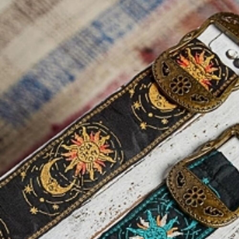 Celestial Embroidered Boho Belt – Yellow | Metal Buckle | One Size